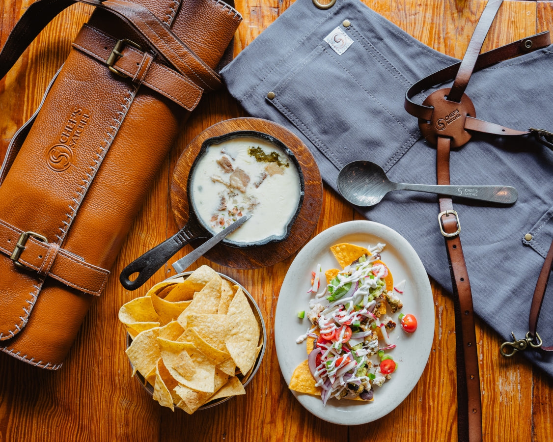 Custom leather strap aprons and knife rolls 